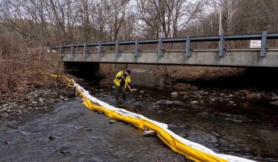 Ron Fodo, Ohio EPA Emergency Response, looks for signs of fish and also agitates the water in Leslie Run Creek Monday to check for chemicals that have settled at the bottom following the Feb. 3 train derailment prompting health concerns in East Palestine, Ohio.