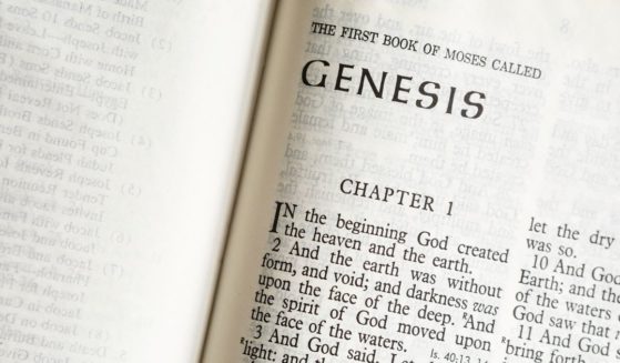 A Bible is open to the book of Genesis in this stock image.