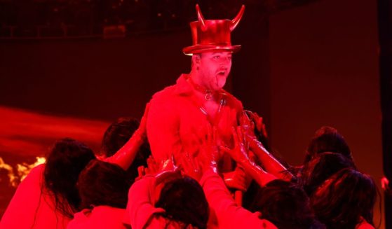 Sam Smith invokes Satan during a performance onstage at the Grammy Awards at Crypto.com Arena in Los Angeles on Sunday.