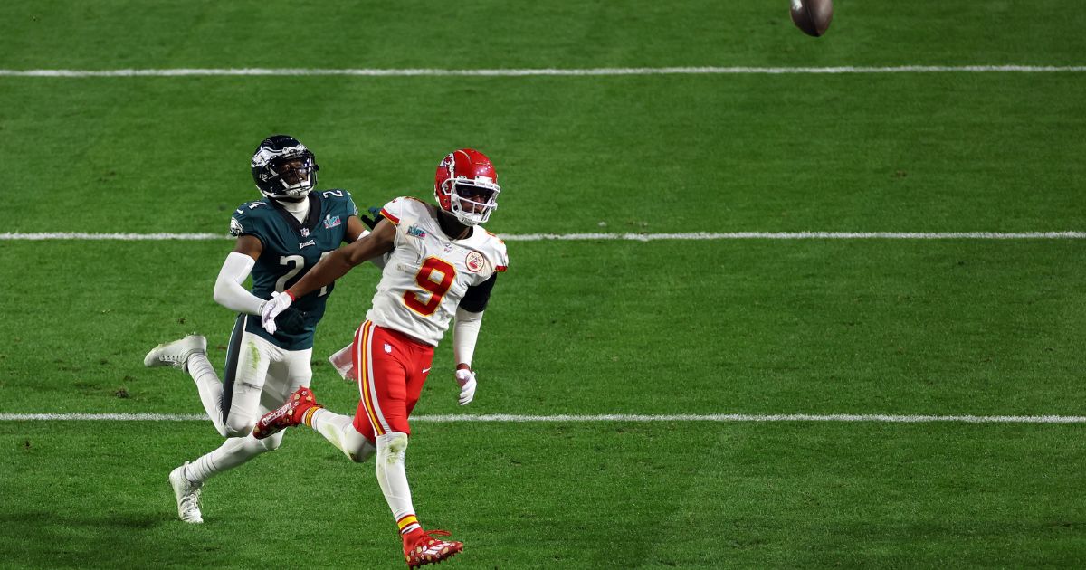 James Bradberry of the Philadelphia Eagles is called for holding against JuJu Smith-Schuster of the Kansas City Chiefs late in the fourth quarter of Super Bowl LVII at State Farm Stadium in Glendale, Arizona, on Sunday.