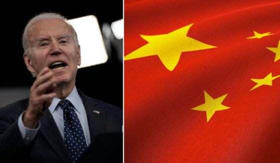 President Joe Biden speaks in the South Court Auditorium at the White House complex on Thursday in Washington, D.C. The Chinese flag is seen in the stock image on the right.