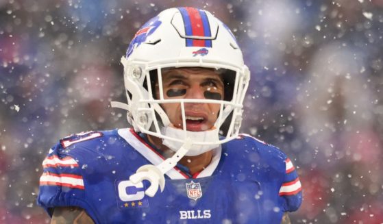 Jordan Poyer of the Buffalo Bills looks on during the first half of his team's AFC divisional playoff game against the Cincinnati Bengals at Highmark Stadium in Orchard Park, New York, on Jan. 22.