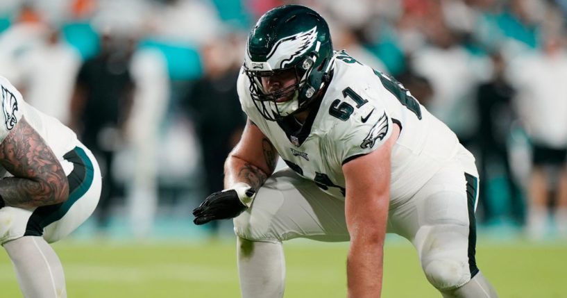 Philadelphia Eagles guard Josh Sills lines up during a preseason game against the Miami Dolphins at Hard Rock Stadium in Miami Gardens, Florida, on Aug. 27.