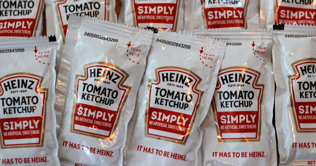 Packets of Heinz ketchup are on display in San Anselmo, California, on April 12, 2021.