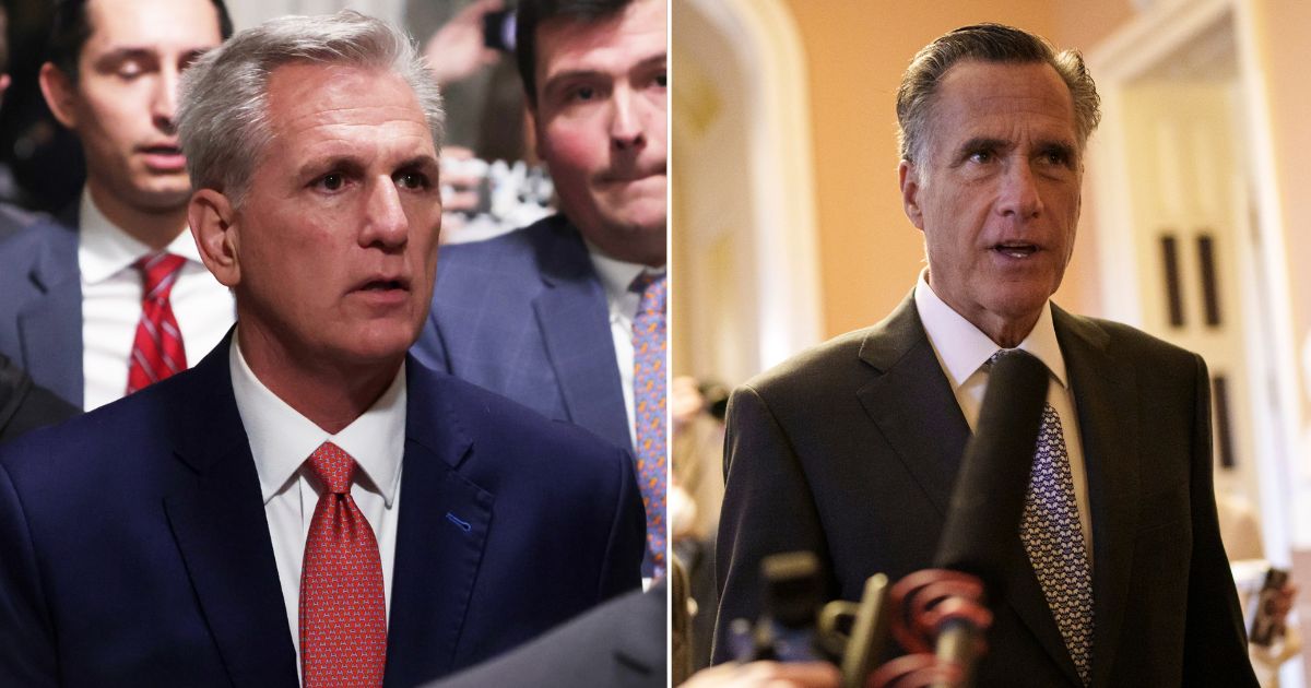 Speaker of the House Rep. Kevin McCarthy, left, walks toward the House chamber of the U.S. Capitol on Tuesday in Washington, D.C. Sen. Mitt Romney talks with reporters at the U.S. Capitol on Nov. 16, 2022, in Washington, D.C.