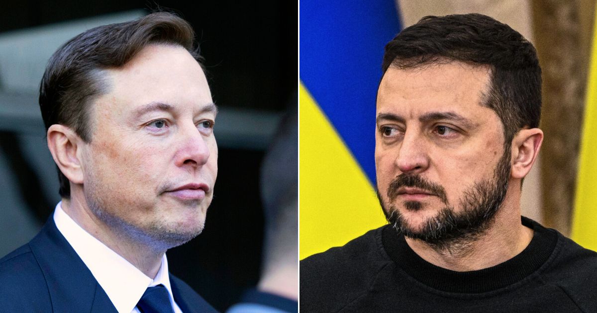 Elon Musk, left, defended the decision to limit the use of SpaceX's Starlink broadband service in connection with "offensive" military operations in Ukraine. At right is Ukrainian President Volodymyr Zelenskyy.