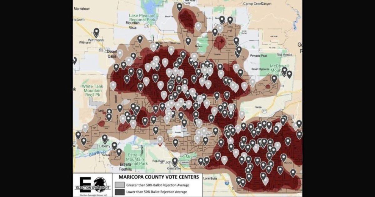 GOP gubernatorial candidate Kari Lake shared a map that illustrated that most of the polling locations impacted by voting machine problems on Election Day were in strongly Republican areas of Maricopa County.