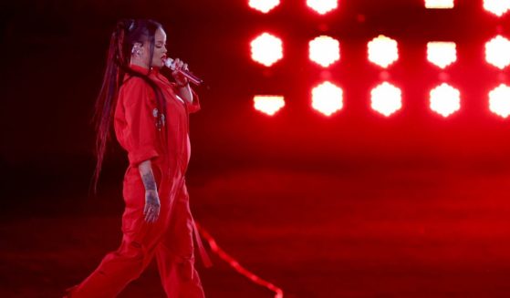 Rihanna performing in the halftime show of Super Bowl 57