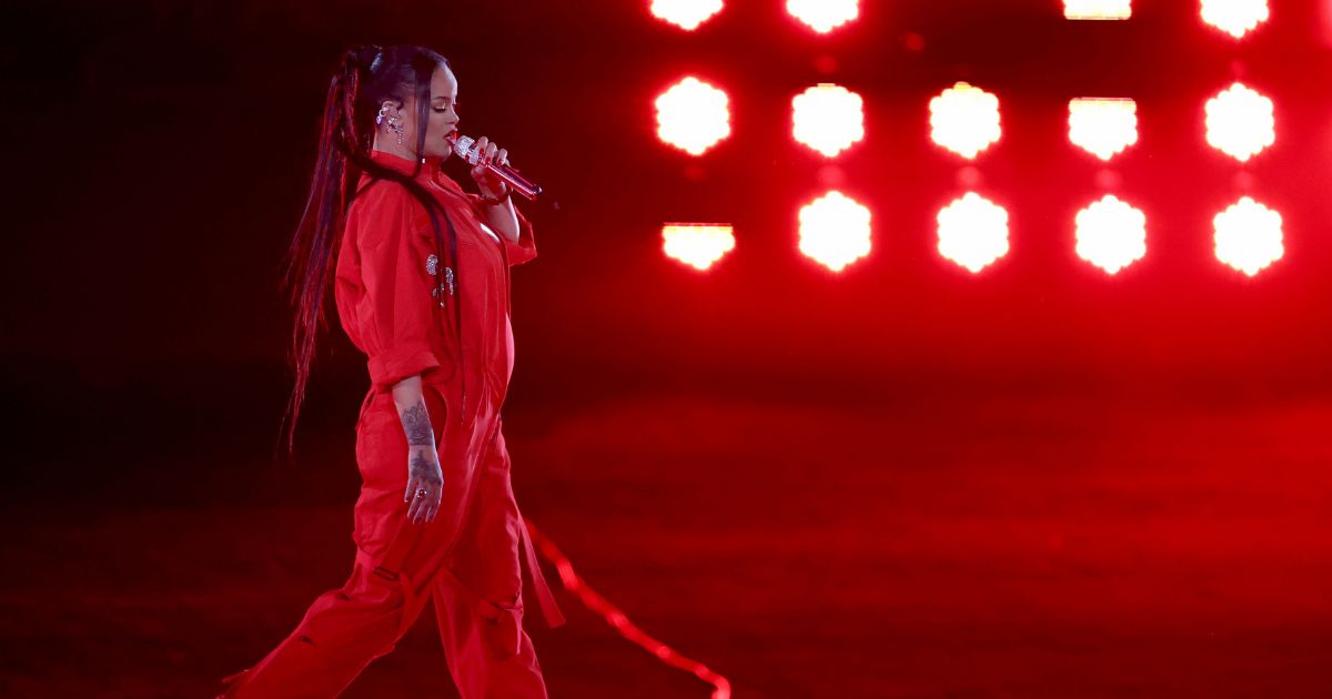 Rihanna performing in the halftime show of Super Bowl 57
