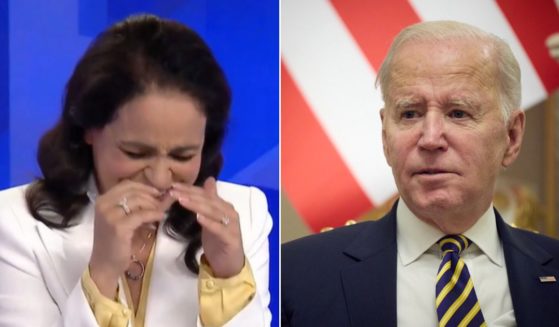 Sky News Australia host Rita Panahi, left, laughs after seeing a string of clips showing gaffes by President Joe Biden, right.