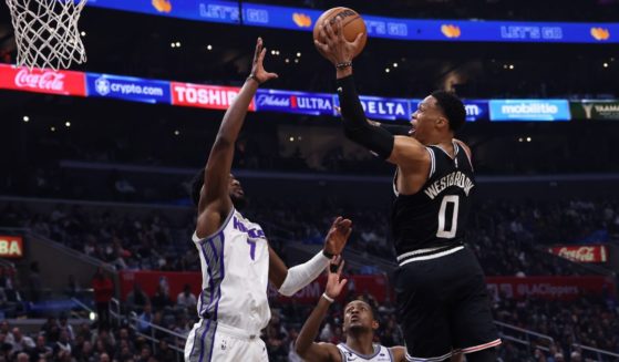 Russell Westbrook of the Los Angeles Clippers shoots during the first half of a game against the Sacramento Kings at Crypto.com Arena on Friday in Los Angeles.