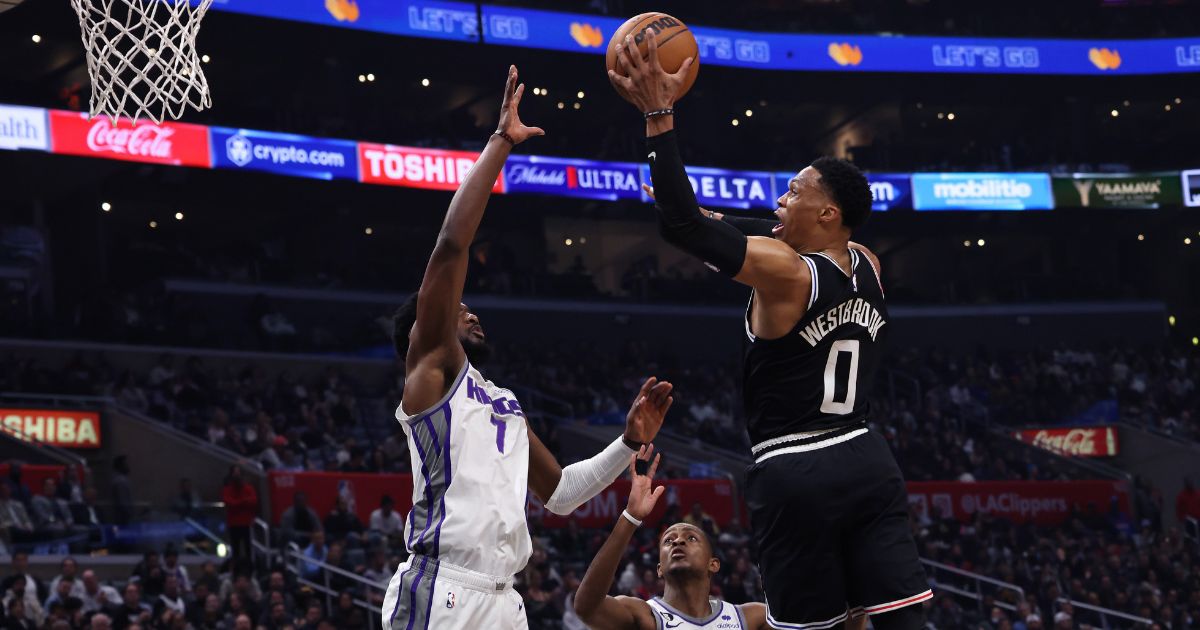 Russell Westbrook of the Los Angeles Clippers shoots during the first half of a game against the Sacramento Kings at Crypto.com Arena on Friday in Los Angeles.