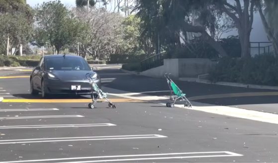 a Tesla about to hit a baby stroller