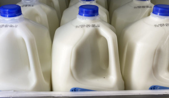 gallons of milk on display in a grocery store
