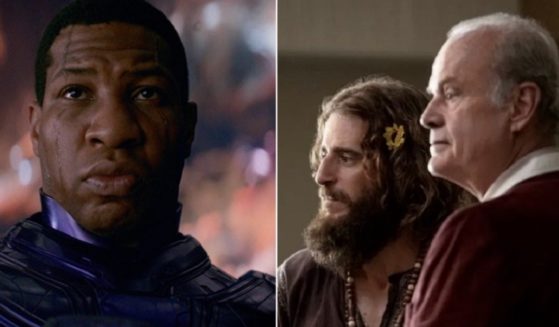 Johnathan Majors, left, as the supervillain Kang the Conquerer in the Marvel movie "Antman and the Quantumania." Right, Lonnie Frisbee plays a hippie evangelist with acting veteran Kelsey Grammer as a worried father in "Jesus Revolution."