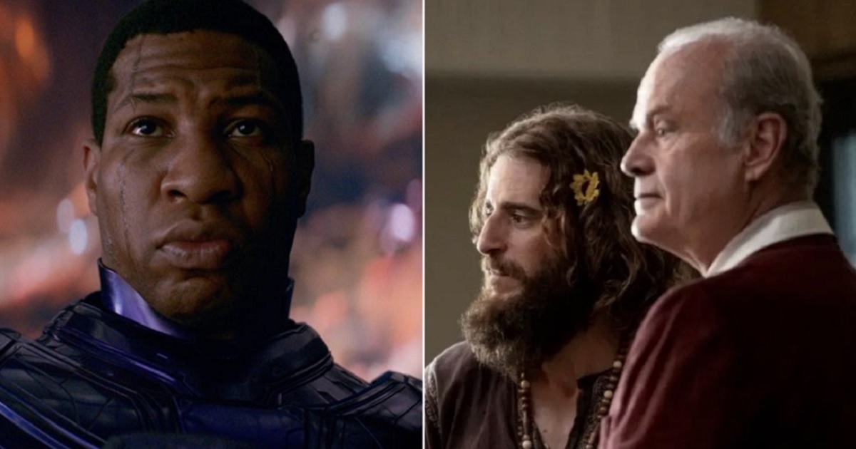 Johnathan Majors, left, as the supervillain Kang the Conquerer in the Marvel movie "Antman and the Quantumania." Right, Lonnie Frisbee plays a hippie evangelist with acting veteran Kelsey Grammer as a worried father in "Jesus Revolution."