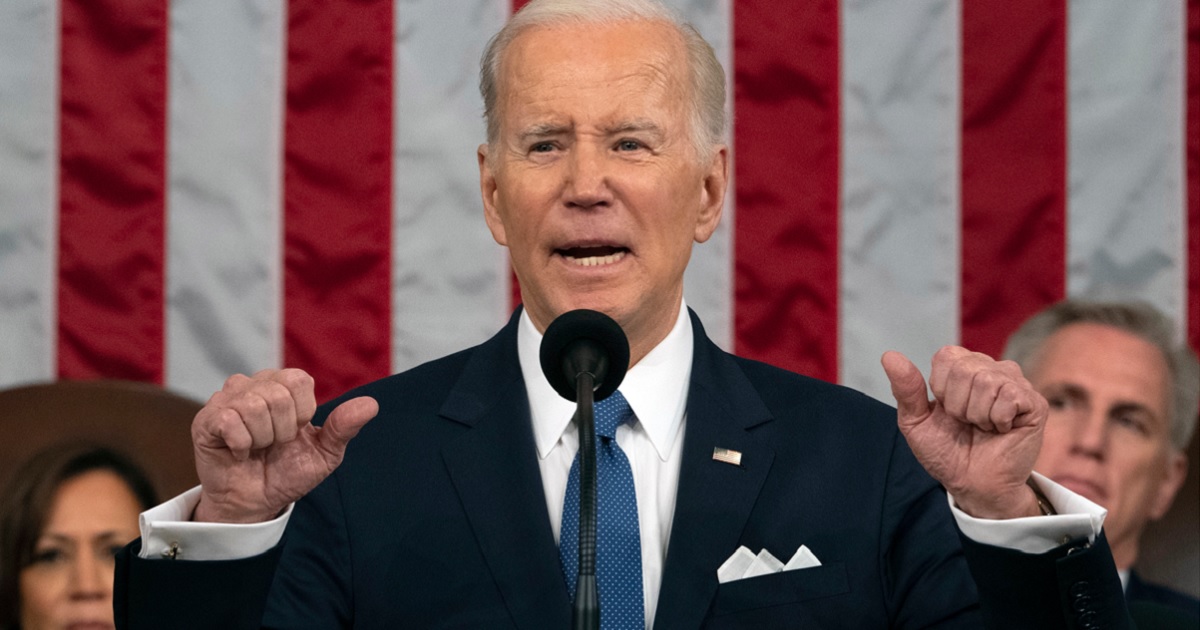 President Joe Biden delivers the State of the Union on Tuesday in the nation's Capitol as Vice President Kamala Harris and House Speaker Kevin McCarthy look on.