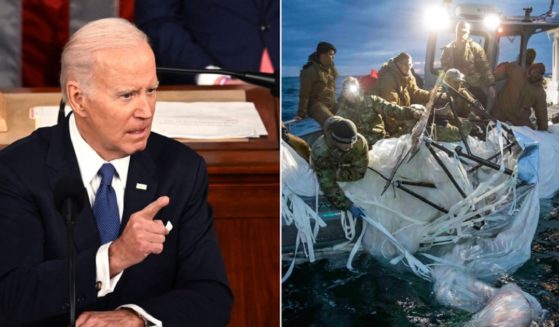 President Joe Biden, left, delivers his State of the Union address Feb. 7. Right, a Navy team works to recover the balloon shot down off the coast of South Carolina on Feb. 5.