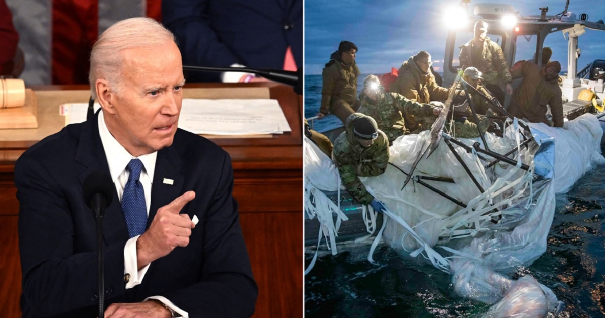 President Joe Biden, left, delivers his State of the Union address Feb. 7. Right, a Navy team works to recover the balloon shot down off the coast of South Carolina on Feb. 5.