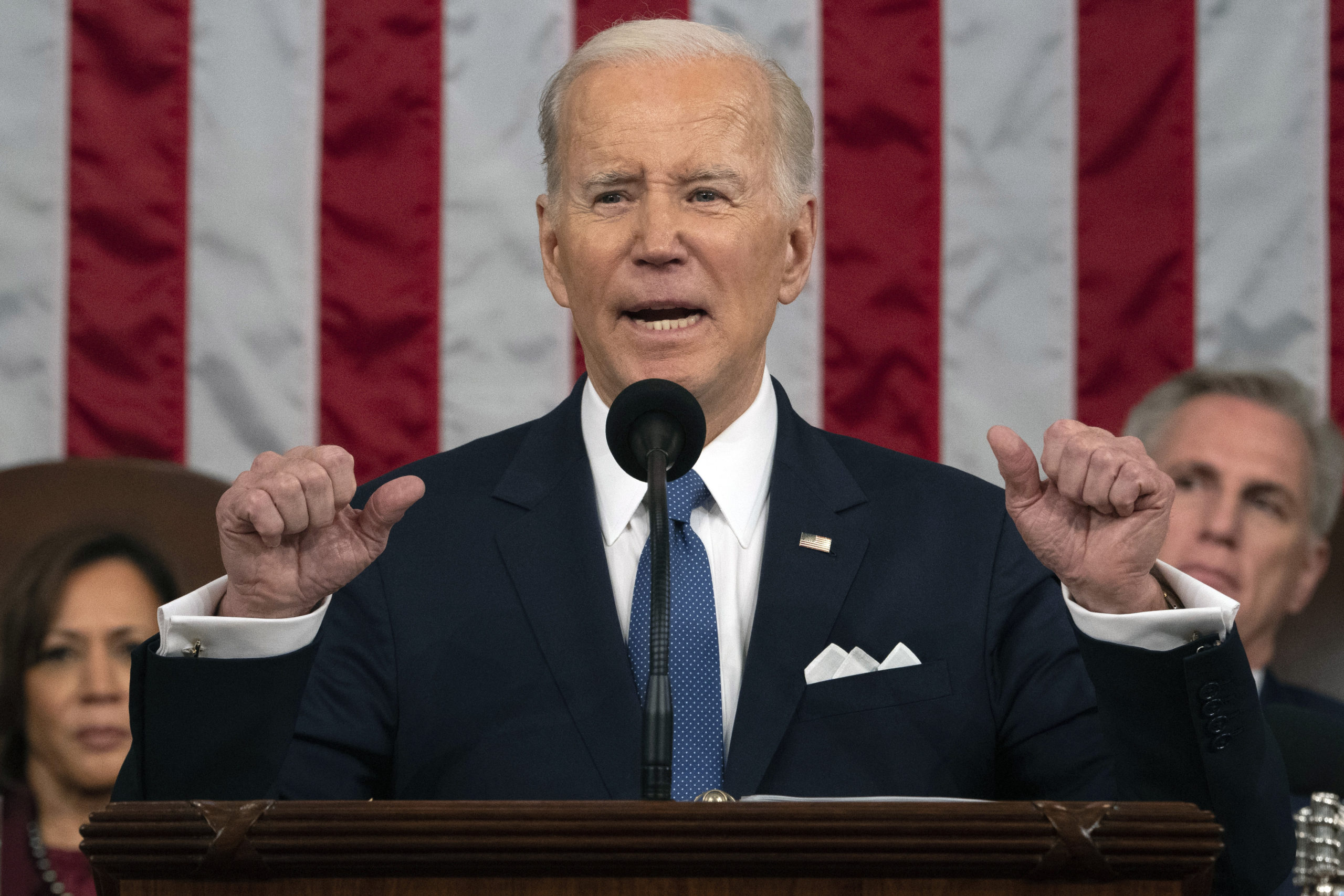 President Joe Biden gestures during Tuesday night's State of the Union address in Washington, D.C.