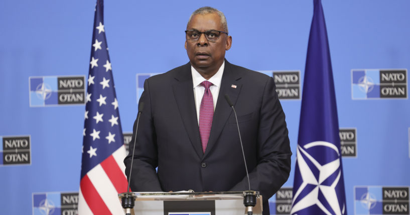 U.S. Secretary of Defense Lloyd Austin reads a statement following a NATO defense ministers meeting at NATO headquarters in Brussels, Wednesday.