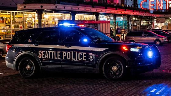 A police vehicle is seen on April 12, 2021, in Seattle.