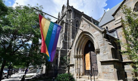 A general view of Emmanuel Church on Newbury Street with a rainbow flag on Aug. 7, 2016, in Boston.