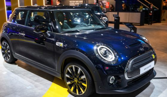 The Mini Electric or Mini Cooper SE compact all-electric retro design car is on display at Brussels Expo on Jan. 9, 2020, in Brussels.