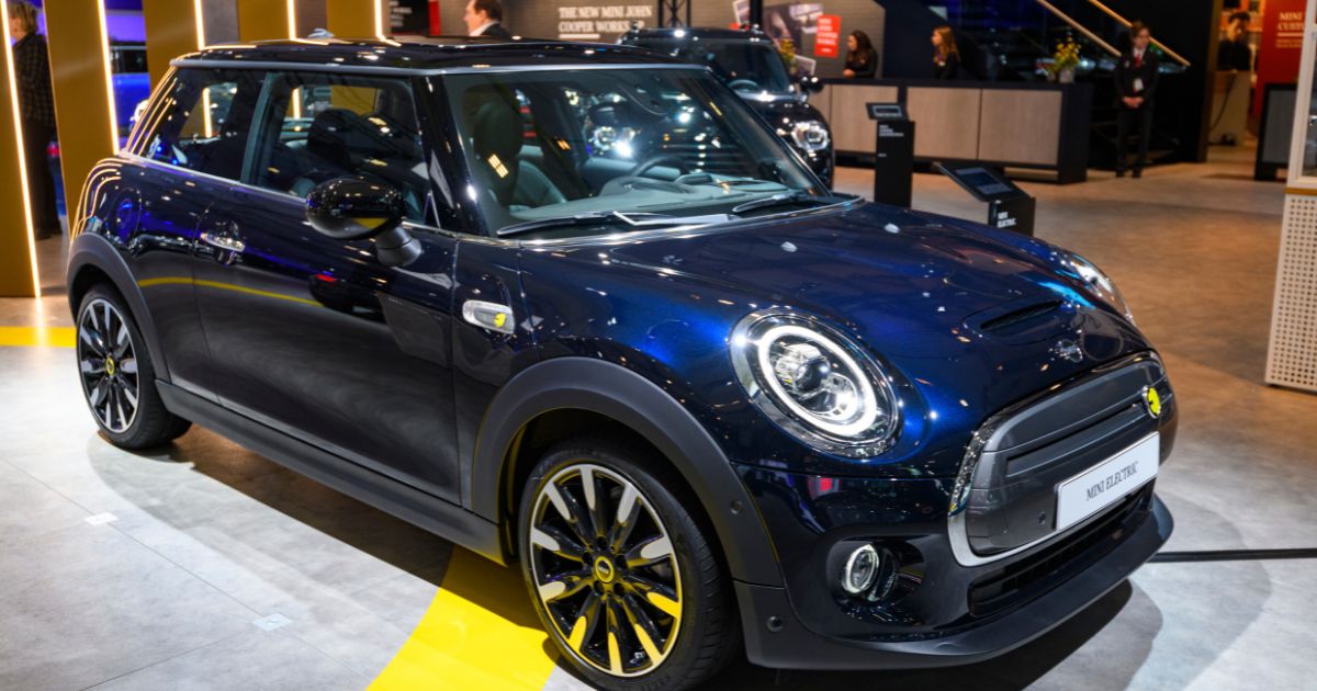 The Mini Electric or Mini Cooper SE compact all-electric retro design car is on display at Brussels Expo on Jan. 9, 2020, in Brussels.