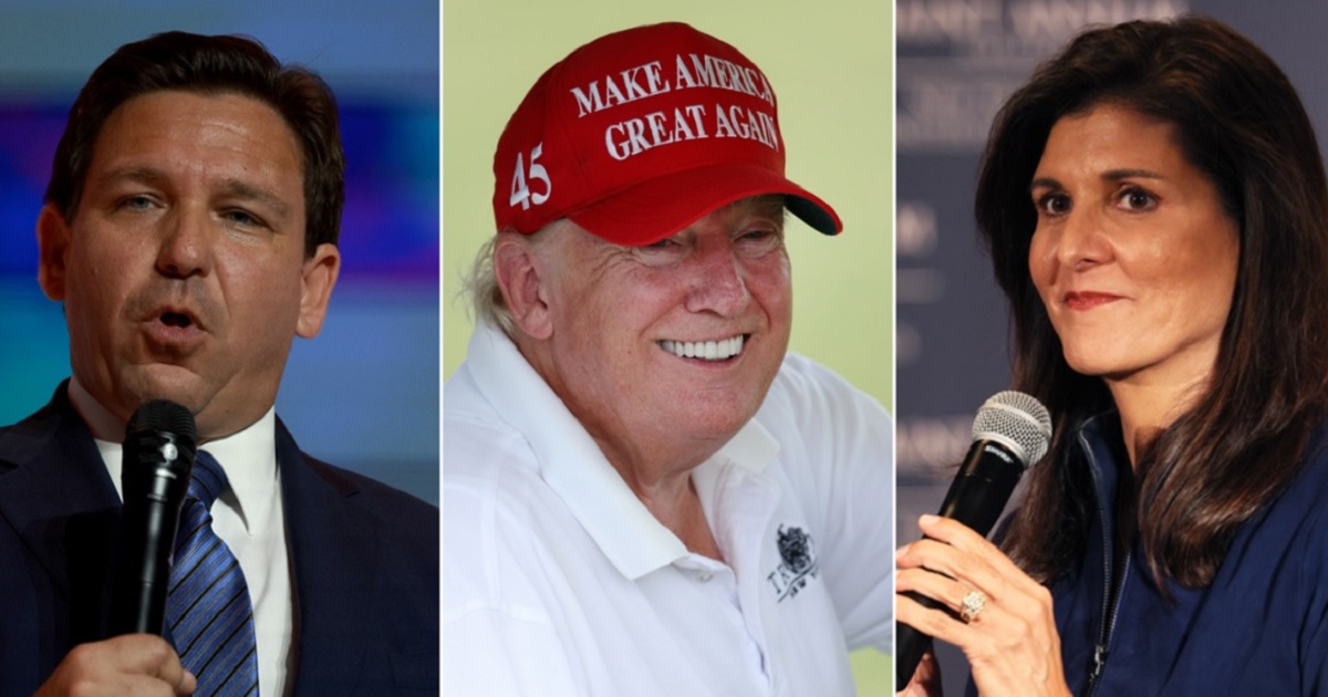 Florida Gov. Ron DeSantis, left, and former South Carolina Gov. Nikki Haley, right, don't match up against President Joe Biden in a hypothetical presidential contest, according to a poll from Emerson College. Former President Donald Trump, center, would beat Biden, the poll found.