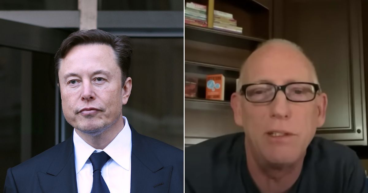Twitter CEO Elon Musk, left, comments on the "Dilbert" creator Scott Adams getting canceled.