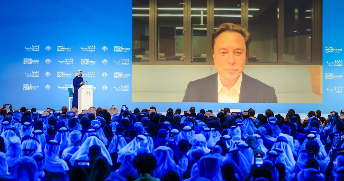 UAE Minister of Cabinet Affairs Mohammad al-Gergawi speaks with Elon Musk attending the World Government Summit virtually in Dubai on Wednesday.