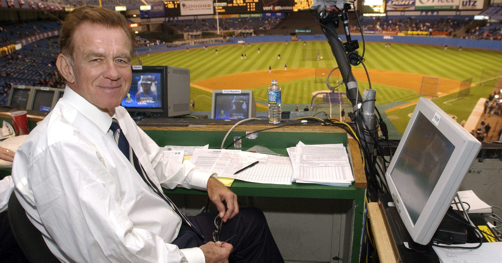 Baseball announcer Tim McCarver poses in the press box before the start of Game 2 of the American League Division Series in New York on Oct. 2, 2003.