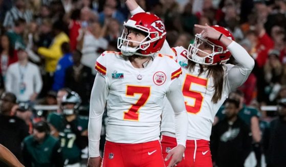 Kansas City Chiefs' kicker Harrison Butker, left, and Kansas City Chiefs' punter Tommy Townsend watch the ball during Super Bowl LVII between the Kansas City Chiefs and the Philadelphia Eagles at State Farm Stadium in Glendale, Arizona, on Sunday.