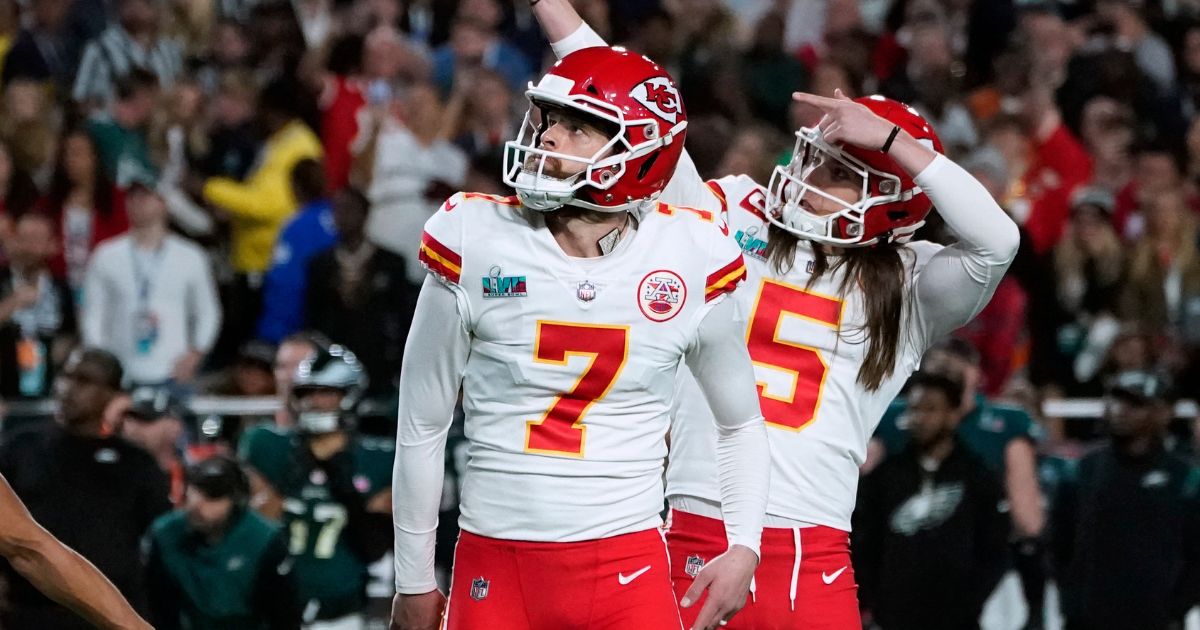 Kansas City Chiefs' kicker Harrison Butker, left, and Kansas City Chiefs' punter Tommy Townsend watch the ball during Super Bowl LVII between the Kansas City Chiefs and the Philadelphia Eagles at State Farm Stadium in Glendale, Arizona, on Sunday.
