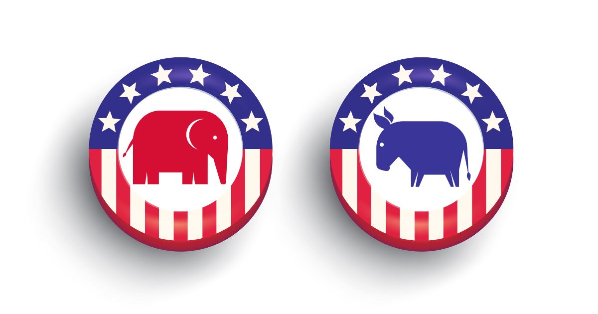 This stock photo depicts an elephant and donkey pin, representing the GOP and Democrats, respectively.
