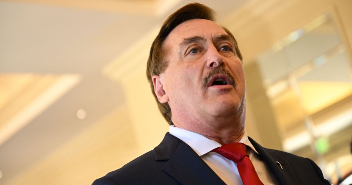 Mike Lindell, MyPillow CEO and a candidate for the Republican Party chair speaks to the media after GOP Chair Ronna McDaniel was re-elected during the 2023 Republican National Committee Winter Meeting in Dana Point, California, on Jan. 27.
