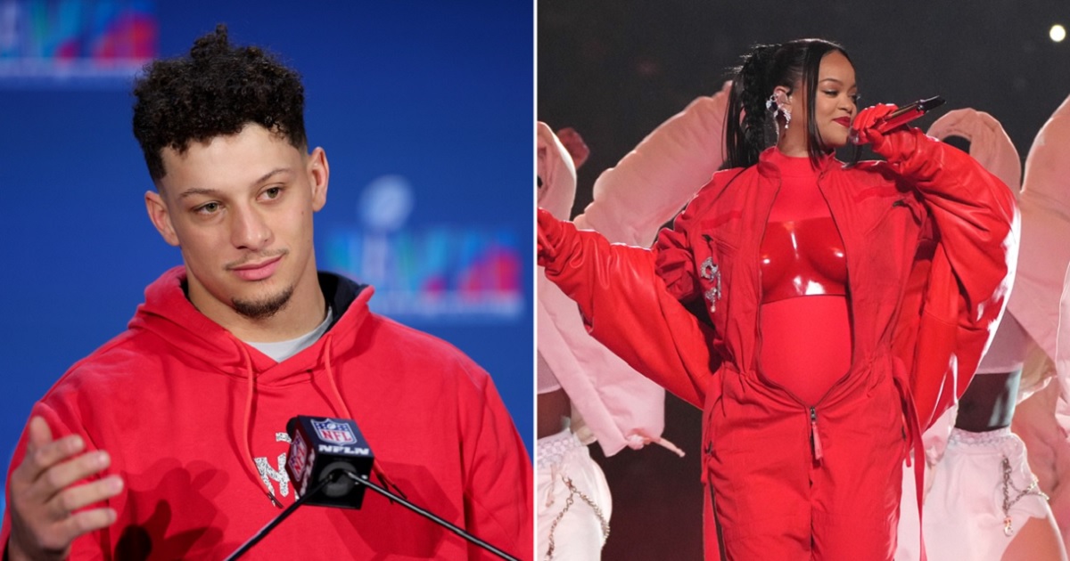 Kansas City Chiefs quarterback and Super Bowl MVP Patrick Mahomes, left; pop star Rihanna at the Super Bowl hafltime show, right.