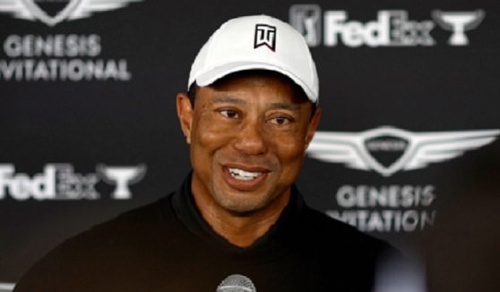 Golf star Tiger Woods speaks during a news conference press conference Friday during the second round of the The Genesis Invitational at Riviera Country Club in Pacific Palisades, California.