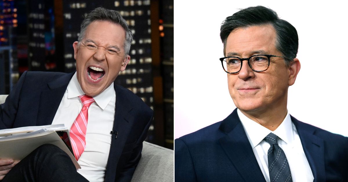 Fox host Greg Gutfeld, left, appears on FOX News Channel's late-night talk show "Gutfeld!" at the FOX News studios on July 28, 2022, in New York. Host Stephen Colbert, right, attends as ViacomCBS Inc. rings the opening bell at NASDAQ on Dec. 5, 2019, in New York City.
