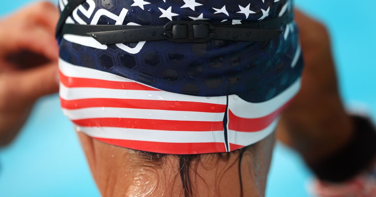 A detailed view of a swimming cap from a member of Team USA during a swimming practice session for a Triathlon ahead of the Tokyo 2020 Paralympic Games at Tiato Sports Centre in Tokyo on Aug. 24, 2021.