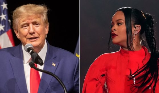 Former President Donald Trump, pictured in a Jan. 28 file photo, left; pop star Rihanna, right, at Sunday's Super Bowl performance.