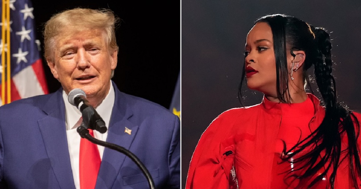 Former President Donald Trump, pictured in a Jan. 28 file photo, left; pop star Rihanna, right, at Sunday's Super Bowl performance.