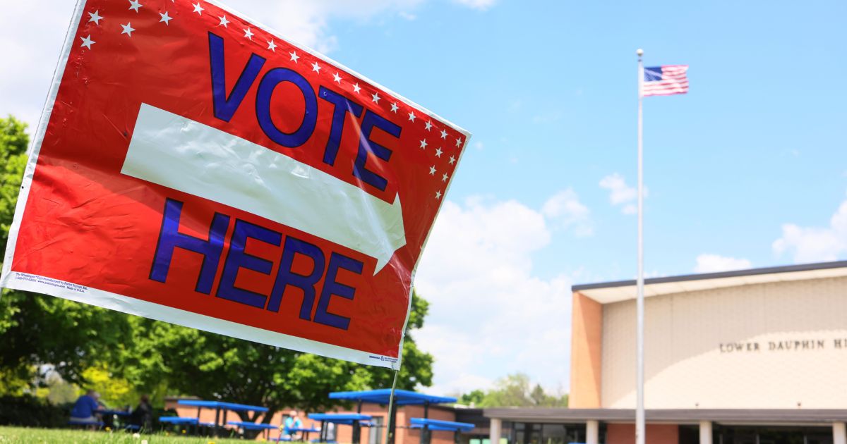 A voting sign is seen at Lower Dauphin High School on May 17, 2022, in Hummelstown, Pennsylvania.