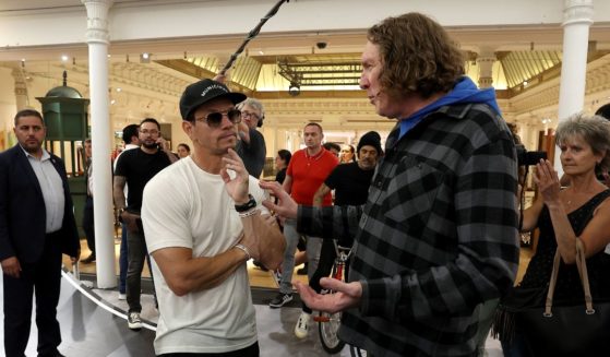 (L-R) Mark Wahlberg and Wayne Kulkin attend the P448 Official Opening with Ocean Bottle at Le Bon Marche on June 28, 2022 in Paris.
