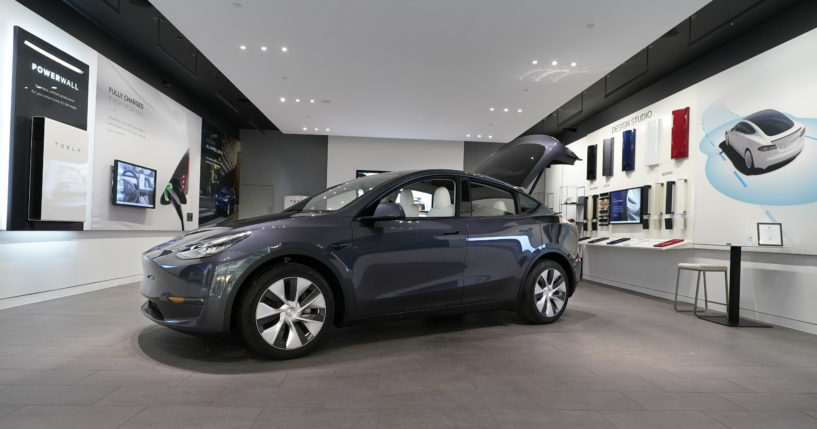 A Tesla Model Y is displayed at a Tesla gallery in Troy, Michigan, on Feb. 24, 2021.