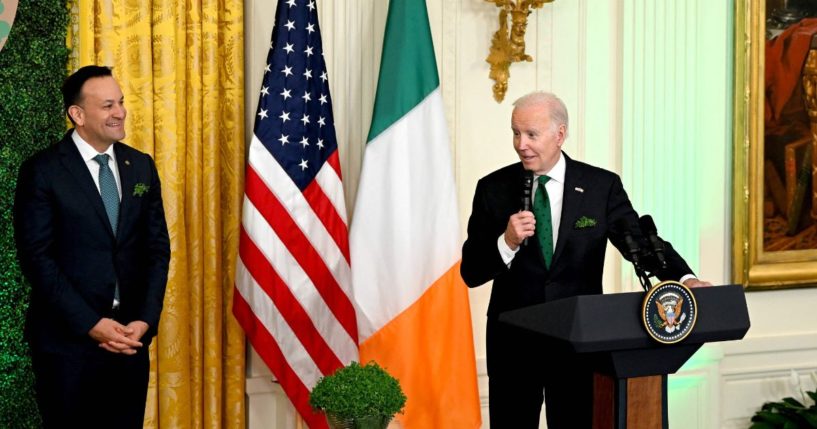 U.S. President Joe Biden hosts Irish Taoiseach Leo Varadkar for a reception in the East Room of the White House in Washington, D.C., on Friday.