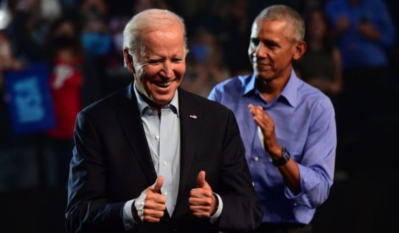 President Joe Biden, left, and former U.S. President Barack Obama appear at a rally for Democratic candidates at the Liacouras Center in Philadelphia on Nov. 5.