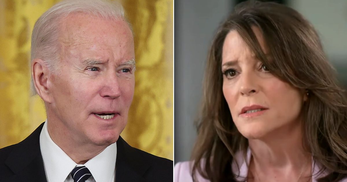 Democratic presidential candidate Marianne Williamson, right, said on ABC News' "This Week" that the DNC is rigging the 2024 election in favor of President Joe Biden, left.
