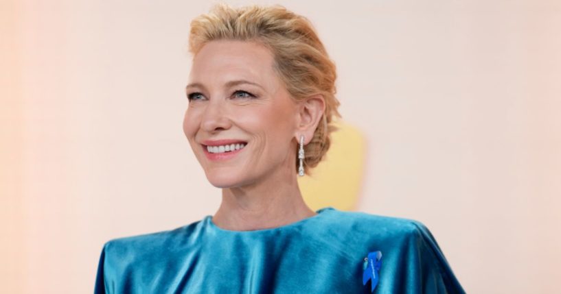 Actress Cate Blanchett sports a blue ribbon as she arrives for the Oscars at the Dolby Theatre in Los Angeles on Sunday.